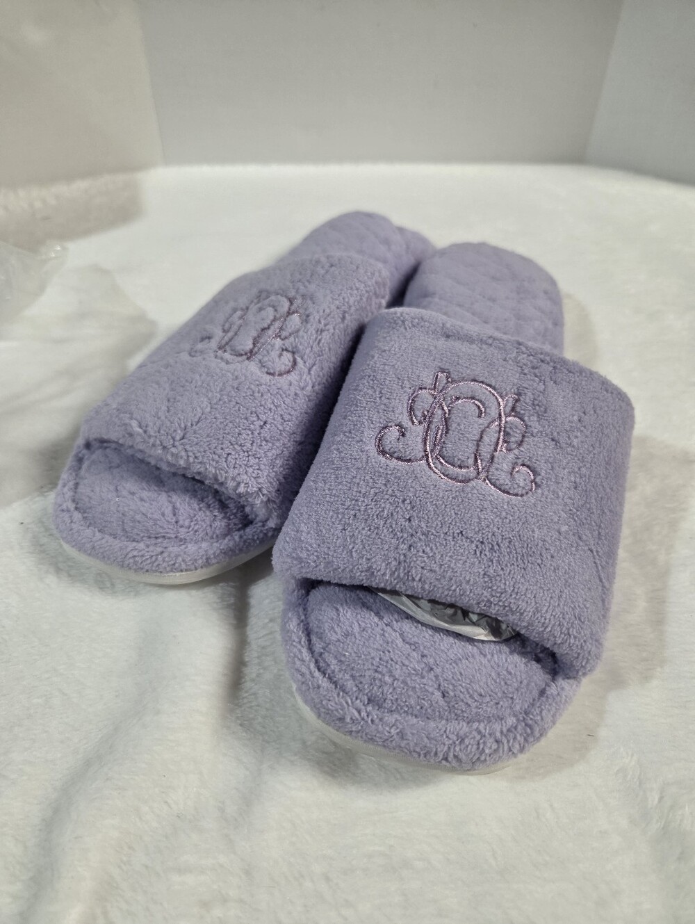 Source Unknown Lavender Plush Slide Slippers with Monogram